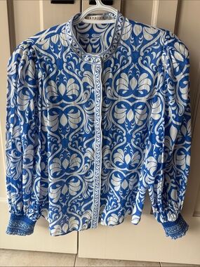 Alice + Olivia Blue/White Printed Mandarin-Smock Blouse size M NWOT